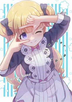 1girl blonde_hair blue_eyes blush bow child dress emilico_(shadows_house) finger_frame finger_frame_over_eye hair_bow hair_ribbon hashtag-only_commentary hato_no12 highres long_hair looking_at_viewer one_eye_closed ribbon shadows_house smile solo twintails