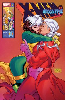 2girls 5boys absurdres age_difference arm_hair arms_around_neck bald blonde_hair bodysuit boots brown_hair cape character_request comic_cover company_name copyright_logo copyright_name couple cover cover_page english_text gloves green_bodysuit hetero highres imminent_kiss leotard logo long_hair magneto marvel mature_male morph_(x-men) multicolored_hair multiple_boys multiple_girls muscular muscular_male official_art pointy_ears purple_gloves red_bodysuit red_cape red_lips rogue_(x-men) russell_dauterman scene_reference short_hair superhero_costume white_hair x-men yellow_boots yellow_gloves yellow_leotard