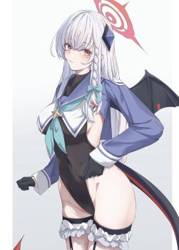 1girl absurdres blush breasts cameltoe cosplay demon_girl demon_wings halo haruna_(blue_archive) highleg highleg_leotard highres large_breasts leotard long_hair looking_at_viewer red_eyes shimiko_(blue_archive) shimiko_(blue_archive)_(cosplay) solo standing toorisugari_no_dechikou white_hair wings