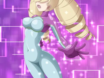 1girl blonde_hair bodysuit breast_expansion breasts drill_hair em_wave_change_(mega_man) gloves hair_over_eyes henshin k0n0n long_hair luna_platz_(mega_man) mega_man_(series) mega_man_star_force_(series) mind_control multicolored_bodysuit open_mouth purple_background purple_gloves queen_ophiuca_(mega_man) twin_drills two-tone_bodysuit very_long_hair