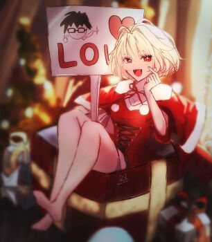 1girl 2024 arcueid_brunestud barefoot blonde_hair box breasts capelet christmas christmas_present christmas_tree cleavage english_text fangs gift gift_box hand_on_own_face heart highres holding holding_sign indoors kuro_shishiro on_box red_eyes short_hair sign sitting sitting_on_box smile tohno_shiki tsukihime tsukihime_(remake) vampire