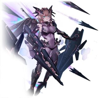 1girl aqua_eyes armored_boots bare_shoulders blue_eyes bodysuit boots breasts brown_hair covered_navel dark_star_(starward) full_body gun headgear holding holding_gun holding_weapon honeycomb_(pattern) impossible_bodysuit impossible_clothes large_breasts long_hair looking_at_viewer mecha_musume mechanical_wings official_art parted_lips purple_bodysuit science_fiction skin_tight solo standing starward weapon white_background wings