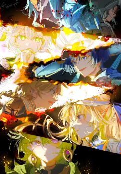 3girls 4boys aether_(genshin_impact) beret black_background black_eyes black_hair black_hood blonde_hair blue_cape blue_hair blue_hat blunt_ends braid bright_pupils cape closed_mouth collei_(genshin_impact) column_lineup commentary_request covering_own_mouth cross-shaped_pupils crossed_bangs dark-skinned_male dark_skin dottore_(genshin_impact) earrings eye_mask eyelashes eyeliner facial_mark facing_to_the_side forehead_mark genshin_impact glasses glint gold gold_trim green_eyes green_hair hair_between_eyes hair_ornament hat head_down highres hood hood_up innagaja jewelry jingasa korean_commentary leaf leaf_hair_ornament long_hair looking_at_viewer looking_to_the_side low-braided_long_hair low-tied_long_hair makeup mask multiple_boys multiple_girls nahida_(genshin_impact) nicole_(genshin_impact) open_mouth own_hands_clasped own_hands_together pantalone_(genshin_impact) pink_eyes pointy_ears purple_eyes red_eyeliner scaramouche_(genshin_impact) scarf side_cape side_ponytail sidelocks signature symbol-shaped_pupils tsurime wanderer_(genshin_impact) white_hair white_hat white_pupils white_scarf