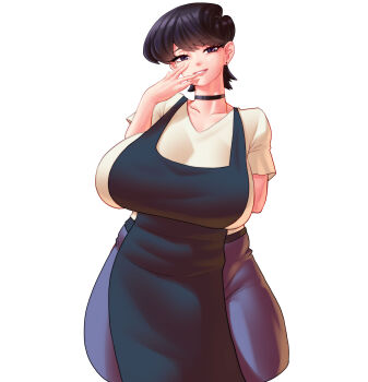 1girl absurdres apron black_apron black_choker black_eyes black_hair blue_skirt breasts choker croissama highres komi-san_wa_komyushou_desu komi_shuuko large_breasts looking_at_viewer shirt short_hair short_sleeves simple_background skirt solo white_background white_shirt