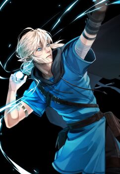 1boy black_background blonde_hair blue_eyes blue_tunic champion&#039;s_tunic_(zelda) hashtag-only_commentary highres jxnhanj link lips male_focus nintendo nose powering_up short_hair simple_background solo the_legend_of_zelda tunic