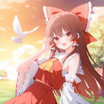 1girl :d absurdres armpit_crease ascot bare_shoulders bird blush bow brown_hair cloud commentary_request cropped_shirt detached_sleeves dutch_angle frilled_bow frilled_hair_tubes frills hair_bow hair_tubes hakurei_reimu half_updo hand_up highres long_hair long_sleeves looking_at_viewer midriff_peek navel_peek nontraditional_miko ohako_miyu open_mouth outdoors red_bow red_eyes red_shirt red_skirt ribbon-trimmed_sleeves ribbon_trim shirt skirt skirt_set sky sleeve_pushed_up sleeveless sleeveless_shirt smile solo sunset touhou tree white_sleeves wide_sleeves yellow_ascot