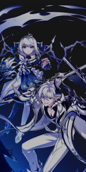 1boy 1girl asymmetrical_footwear black_background black_dress black_shirt blazer blue_background blue_boots blue_eyes boots brooch ciel_(elsword) collarbone collared_shirt demon_boy demon_girl demon_wings dress dress_pants elsword expressionless fang fang_out feet_out_of_frame flower flower_brooch formal_clothes full_body gradient_background grin halter_dress halterneck highres hwansang jacket jewelry leaning_forward light_particles long_hair long_sleeves luciela_r._sourcream mismatched_footwear official_art pants parted_bangs parted_lips petite second-party_source shirt short_hair smile spread_wings suit thigh_boots white_boots white_flower white_hair white_jacket white_pants white_suit wings
