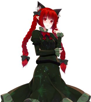 Rule 34 | 1girl, animal ear fluff, animal ears, blush, bow, braid, cat ears, cat tail, closed mouth, commentary request, cowboy shot, crote, extra ears, hair bow, hair ornament, highres, juliet sleeves, kaenbyou rin, large variant set, long hair, long sleeves, looking at viewer, multiple tails, pointy ears, puffy sleeves, red eyes, red hair, rock, shirt, simple background, skirt, skirt set, solo, standing, tail, touhou, transparent background, twin braids, variant set