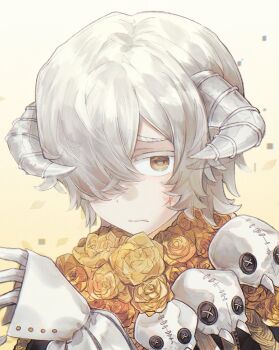 1boy andrew_kreiss animal_skull cross_scar facial_scar flower frown gloves hair_over_one_eye highres horns identity_v looking_at_viewer male_focus official_alternate_costume portrait puffy_sleeves raised_inner_eyebrows rose scar scar_on_cheek scar_on_face scar_on_nose solo wansui5134 white_gloves white_hair white_horns yellow_eyes yellow_flower yellow_rose yellow_theme