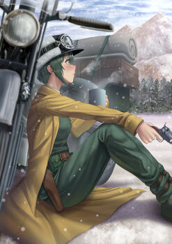 1girl androgynous bedroll belt belt_buckle belt_pouch black_boots blush boots breasts breath brown_belt buckle cloud cloudy_sky coat commentary cup dress_shirt finger_on_trigger foreshortening from_side fur_hat goggles goggles_on_head goggles_on_headwear green_eyes green_hair green_jacket green_pants gun handgun hat hermes_(kino_no_tabi) highres holding holding_cup holding_gun holding_weapon holster jacket kino_(kino_no_tabi) kino_no_tabi knees_up looking_afar motor_vehicle motorcycle mountain mug nose_blush on_ground pants pine_tree pouch revolver saddlebags shirt short_hair silvertsuki sitting sky small_breasts snow snowing solo steam suitcase tomboy tree ushanka weapon white_shirt yellow_coat