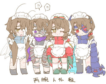 Rule 34 | 4boys, abdomen tail, absurdres, adapted costume, aedd (e.g.o), ahoge, alternate costume, antennae, apron, arthropod boy, arthropod limbs, artificial eye, bags under eyes, bandage on face, bandage over one eye, bandaged arm, bandaged head, bandaged leg, bandages, beads, beard stubble, black boots, black jacket, black sandals, black thighhighs, blue horns, blue jacket, blush, boots, bow, brown hair, bug, bug arm, chain, chibi, christmas nightmare (e.g.o), closed mouth, cockroach boy, colored extremities, colored skin, e.g.o (project moon), expressionless, extra eyes, extra wings, facial hair, flats, four wings, frilled apron, frilled headdress, frills, full body, fur-trimmed slippers, fur trim, g corp. (identity) (project moon), green bow, green shawl, green slippers, green tail, gregor (project moon), hair between eyes, hair bow, hair intakes, hat, head bow, heishou pack-si branch (identity) (project moon), highres, horns, insect wings, jacket, jersey maid, jitome, lace-up boots, lily26983455, limbus company, long coat, long hair, long sleeves, looking at viewer, looking down, looking to the side, low ponytail, maid, maid apron, maid headdress, male focus, mechanical eyes, monster boy, multicolored skin, multiple boys, multiple persona, multiple wings, nail (hardware), nails, nightcap, official alternate costume, one eye closed, one eye covered, open mouth, parted bangs, ponytail, project moon, prosthesis, prosthetic leg, purple eyes, purple hands, purple scarf, purple skin, red bow, red eyes, red jacket, sandals, sanpaku, scar, scar on leg, scarf, scars all over, shawl, shock centipede (project moon), simple background, single mechanical eye, single thighhigh, sleeves rolled up, slippers, socks, standing, striped bow, striped clothes, stubble, sweatdrop, tail, thighhighs, too many, torn clothes, torn thighhighs, track jacket, turtleneck, turtleneck jacket, two-tone bow, two-tone skin, unconventional maid, veins, veiny arms, white background, white hat, white socks, wings, yellow eyes, zipper, zipper pull tab