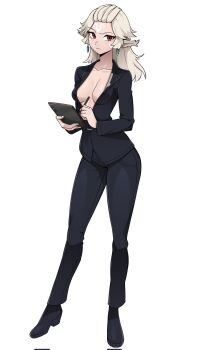 1girl animal_ears black_jacket black_pants black_shoes breasts closed_mouth collarbone commentary commission earrings english_commentary facial_mark full_body highres holding holding_stylus holding_tablet_pc jacket jewelry long_hair long_sleeves looking_at_viewer medium_breasts neilnail_(xenoblade) oninuer pants red_eyes shoes simple_background solo standing stylus tablet_pc white_background white_hair xenoblade_chronicles_(series) xenoblade_chronicles_x