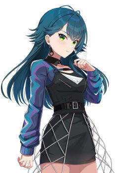 1girl antenna_hair arm_at_side belt belt_buckle black_belt black_skirt black_vest blue_hair breasts buckle closed_mouth collarbone commentary_request cowboy_shot detached_collar earrings frown gakuen_idolmaster green_eyes hand_up heart idol_clothes idolmaster jewelry long_hair long_sleeves looking_at_viewer luna_say_maybe_(idolmaster) medium_breasts pencil_skirt purple_sweater sakura_ran signature simple_background skirt solo standing sweater tsukimura_temari vest white_background