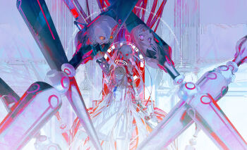 4girls ami_shido_(crymachina) bare_arms bare_shoulders black_shirt blonde_hair blue_eyes bracelet copyright_name crymachina double_bun double_halo dress dress_flower earrings enoa_(crymachina) eyeshadow floating floating_object flower flower_ornament glowing glowing_eyes gold_hairband grey_hair hair_bun hair_intakes hairband halo highres holding holding_weapon horns huge_weapon jewelry leben_distel_(crymachina) long_hair long_neck long_pointy_ears makeup mechabare mechanical_arms medium_hair mikoto_sengiku_(crymachina) multicolored_eyes multiple_girls official_art orange_eyes pointy_ears purple_eyes red_eyes reflection rolua rose second-party_source shirt single_horn twintails weapon white_dress