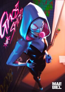 1girl artist_name black_bodysuit blowing_bubble_gum bodysuit can character_name chewing_gum commentary english_commentary full_body gwen_stacy hand_on_own_hip highres holding holding_can maebiel marvel mask multicolored_bodysuit solo spider-gwen spider-man_(series) spider_web_print superhero_costume white_bodysuit