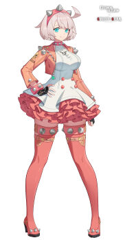 1girl absurdres aqua_eyes black_gloves black_survival breasts choker closed_mouth commentary_request copyright_name cropped_jacket ddollydonut dress eternal_return:_black_survival fingerless_gloves frilled_dress frills full_body gloves grey_hair guilty_gear guilty_gear_strive hairband hand_on_own_hip high_heels highres jacket korean_commentary large_breasts leg_belt long_sleeves looking_at_viewer official_alternate_costume open_clothes open_jacket pink_choker pink_hairband pink_shoes pink_thighhighs red_dress shoes short_hair smile solo spiked_choker spiked_dress spiked_hairband spiked_jacket spiked_shoes spiked_thighlet spikes standing suzuki_aya suzuki_aya_(elphelt_aya) thighhighs two-tone_dress white_dress