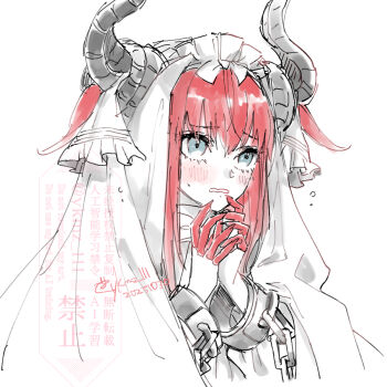 1girl blue_eyes chain colored_extremities curled_horns dragon_girl dragon_horns elizabeth_bathory_(avenger)_(fate) elizabeth_bathory_(fate) fate/grand_order fate_(series) horns long_hair looking_at_viewer red_hair simple_background solo two_side_up upper_body veil white_background white_headdress white_veil yokomozu