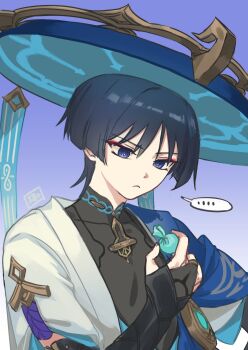 ... 1boy 49ibo240 :&lt; aqua_gemstone arm_at_side armor black_bodysuit black_hair blue_cape blue_kimono blue_sleeves blunt_ends bodysuit bridal_gauntlets bright_pupils candy cape clear_sky closed_mouth covered_collarbone eyeliner eyeshadow food gem genshin_impact gold_ring grey_bridal_gauntlets head_down highres holding holding_candy holding_food japanese_armor japanese_clothes juban kimono kote kurokote layered_sleeves looking_at_food makeup male_focus mandarin_collar middle_ring open_clothes open_kimono portrait purple_eyes purple_rope purple_sky red_eyeliner red_eyeshadow rope scaramouche_(genshin_impact) scene_reference short_sleeves sky solo spoken_ellipsis tsurime vision_(genshin_impact) wanderer_(genshin_impact) white_kimono white_pupils white_sleeves white_trim wispy_bangs