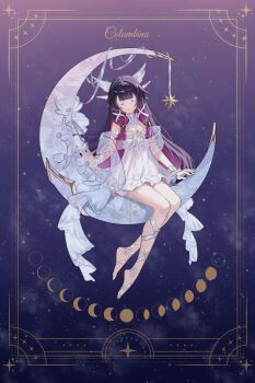 1girl absurdres black_hair closed_eyes closed_mouth columbina_(genshin_impact) commentary_request crescent dress full_body genshin_impact hair_ornament highres komiya_latte long_hair moon_phases multicolored_hair purple_hair sitting smile solo star_(sky) starry_sky_background very_long_hair white_dress wing_hair_ornament