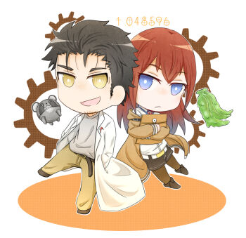 1boy 1girl beard_stubble black_hair brown_hair brown_pantyhose chibi commentary_request facial_hair full_body gears kurin_skybell lab_coat long_hair makise_kurisu necktie okabe_rintarou open_mouth pants pantyhose science_adventure short_hair smile steins;gate stubble upa_(steins;gate) yellow_eyes