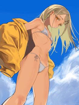 1girl absurdres bikini blonde_hair blue_sky breasts chan_ye2 cloud commentary_request day gakuen_idolmaster highres idolmaster jacket long_hair looking_at_viewer orange_eyes shinosawa_hiro side-tie_bikini_bottom sky small_breasts solo string_bikini swimsuit white_bikini yellow_jacket