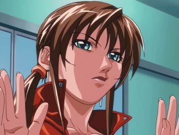00s 1girl 2004 animated animated_gif anime_screenshot aqua_eyes bible_black bible_black_new_testament blue_bra bra breasts brown_hair cleavage crop_top earrings gloves grabbing_another&#039;s_breast groping hair_ornament hands_up high_collar imari_kurumi jacket jewelry large_breasts leather leather_jacket lipstick long_hair makeup nipple_stimulation_through_clothes orange_jacket red_jacket robbery shin_bible_black side_ponytail tagme underwear