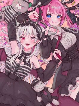 2girls :d :p absurdres black_gloves black_hairband black_jacket black_nails black_skirt black_sleeves blue_eyes candy chain clothes_grab collared_shirt commentary cuffs detached_sleeves dress earrings fingerless_gloves food frilled_hairband frilled_sleeves frills gloves gun hairband handcuffs handgun heterochromia highres holding holding_gun holding_handcuffs holding_weapon ishigami_nozomi itsuki_isshiki jacket jewelry kuramochi_meruto long_sleeves looking_at_viewer lying multiple_girls necktie necktie_grab neckwear_grab nijisanji on_back open_mouth pink_eyes pink_hair purple_necktie red_nails shirt skirt sleeveless sleeveless_dress smile stuffed_animal stuffed_toy teddy_bear tongue tongue_out virtual_youtuber weapon white_eyes white_hair white_shirt