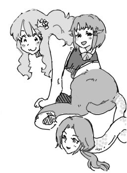 3girls :3 bad_id bad_twitter_id blush_stickers chimera closed_mouth fusion greyscale hair_ornament half-closed_eyes human_head idolmaster idolmaster_cinderella_girls jibakurei_(elite_unchi) kawashima_mizuki koshimizu_sachiko long_hair looking_ahead looking_at_viewer low_ponytail monochrome monsterification moroboshi_kirari multiple_girls open_mouth ponytail short_hair simple_background sitting smile star_(symbol) star_hair_ornament what white_background