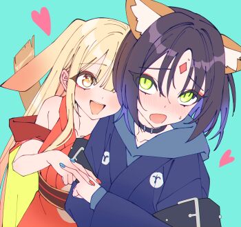 Rule 34 | 2girls, :d, absurdres, animal ear fluff, animal ears, bare shoulders, black choker, black hair, blonde hair, blue background, blue hoodie, blue nails, blush, cho kaguya-hime!, choker, commentary request, dinsoreprong64, embarrassed, eyeshadow, forehead jewel, fox ears, green eyes, hair between eyes, heart, highres, hood, hoodie, interlocked fingers, japanese clothes, kaguya (cho kaguya-hime!), kimono, long hair, long sleeves, looking at another, looking at viewer, lop rabbit ears, makeup, multiple girls, nail polish, nose blush, open mouth, rabbit ears, red eyeshadow, red kimono, red nails, sakayori iroha, short hair, smile, upper body, yellow eyes, yuri