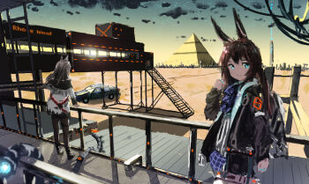 1girl absurdres akdove amiya_(arknights) animal_ears arknights ascot black_jacket blue_eyes blue_skirt brown_hair car closed_mouth from_behind full_body hair_between_eyes hand_up highres infection_monitor_(arknights) jacket jewelry long_hair motor_vehicle multiple_rings open_clothes open_jacket outdoors purple_ascot rabbit_ears rabbit_girl ring shirt skirt smile solo texas_(arknights) white_shirt