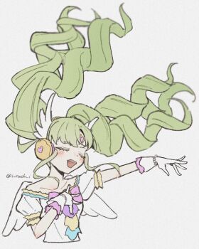 1girl :d closed_eyes cropped_torso facing_viewer falulu falulu_(awakened) floating_hair forehead_jewel gloves green_hair hair_floating_upwards hand_on_own_chest hashtag-only_commentary headphones highres idol_clothes iruchi long_hair open_mouth outstretched_arm parted_bangs pretty_series pripara smile solo twintails white_background white_gloves white_wings wings