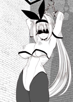 1girl armpits arms_up bare_shoulders blindfold blush bow bow_choker breasts choker cleavage clenched_hands closed_mouth collarbone covered_eyes cowboy_shot detached_sleeves fishnet_pantyhose fishnets greyscale hako_roku highleg highleg_leotard highres indoors large_breasts leotard long_hair makai_gacha_wa_kyou_mo_shibui monochrome nipples non-web_source open_clothes open_leotard pantyhose playboy_bunny ponytail ravi restrained sidelocks solo standing variant_set very_long_hair wavy_mouth