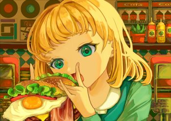 1girl absurdres bacon blonde_hair burger cheese diner eating food fried_egg green_eyes green_shirt highres holding holding_burger holding_food indoors kagenoyuhi lettuce long_sleeves looking_at_viewer medium_hair open_mouth original shirt solo upper_body