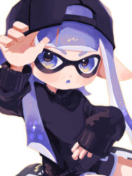 Rule 34 | 1girl, absurdres, arm up, backwards hat, baseball cap, black hat, black sweater, commentary request, dolphin shorts, hat, highres, inkling, inkling girl, inkling player character, long hair, looking at viewer, nintendo, open mouth, pointy ears, purple eyes, purple hair, ramupi 122, shorts, simple background, sitting, solo, sparkle, splatoon (series), splatoon 3, sweater, tentacle hair, white background