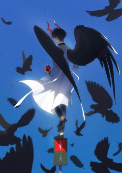 1boy absurdres apple bird black_hair black_shirt black_wings blue_sky clear_sky coat commentary_request crow day demon_horns elzfbrvsnr30247 falling_feathers feathered_wings feathers food fruit full_body highres holding holding_food holding_fruit horns kim_dokja male_focus omniscient_reader&#039;s_viewpoint open_clothes open_coat outdoors pedestrian_lights shirt short_hair sky solo standing standing_on_one_leg too_many too_many_birds white_coat wings