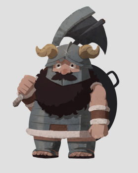 1boy axe beard deformed dungeon_meshi dwarf facial_hair fake_horns helmet highres holding holding_axe holding_behind_back horned_helmet horns long_beard looking_ahead male_focus mustache pikamura senshi_(dungeon_meshi) solo standing tachi-e thick_mustache very_long_beard wok