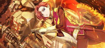 brown_hair code_geass code_geass:_boukoku_no_akito code_geass:_lost_stories f4samurai game_cg gloves gun highres holding holding_gun holding_weapon jean_lowe knightmare_frame looking_at_viewer mecha military_uniform official_art purple_eyes robot short_hair standing sword weapon white_gloves