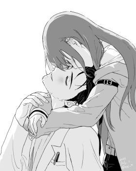 1boy 1girl arm_belt arms_around_neck beard_stubble belt belt_buckle black_shorts blush buckle closed_eyes collared_shirt commentary_request couple dress_shirt facial_hair facing_another greyscale hand_on_another&#039;s_arm hetero jacket jacket_partially_removed kiss kissing_forehead lab_coat lapels leaning_back long_hair long_sleeves makise_kurisu monochrome notched_lapels object_in_pocket okabe_rintarou pen_in_pocket pocket rocni science_adventure shirt short_hair shorts simple_background star_(symbol) star_print steins;gate stubble t-shirt white_background white_belt white_shirt