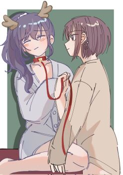 2girls antlers asahina_mafuyu blush brown_cardigan brown_eyes brown_hair cardigan closed_eyes closed_mouth collar commentary dd40529065 grey_shirt highres holding holding_leash horns leash long_hair multiple_girls no_pants ponytail project_sekai purple_hair reindeer_antlers shinonome_ena shirt short_hair yuri