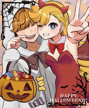 1boy 1girl angel belt blonde_hair blue_eyes bow breasts brief_(psg) candy cleavage couple dress english_text fake_horns food freckles ghost_costume hair_over_eyes hairband halloween halloween_costume halo happy_halloween hch8_atb hetero highres horn_hairband horn_ornament horns jewelry long_hair looking_at_viewer medium_breasts one_eye_closed orange_hair panty_&amp;_stocking_with_garterbelt panty_(psg) red_dress smile teeth traditional_halo