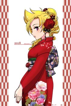 2018 alternate_costume artist_name blonde_hair blush breasts curly_hair flower hair_flower hair_ornament high_ponytail japanese_clothes kimono kusunoki_4 lipstick long_hair looking_at_viewer looking_to_the_side makeup marty_(mega_man) medium_breasts mega_man_(series) mega_man_x_(manga) mega_man_x_(series) nail_polish obi own_hands_together ponytail purple_eyes sash solo text_focus white_background