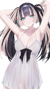 1girl :d absurdres alternate_costume armpits arms_behind_head arms_up black_hair blue_eyes blunt_bangs breasts cleavage commentary commission cowboy_shot empire_waist grey_hair grin halterneck highres hololive hololive_dev_is juufuutei_raden large_breasts long_hair looking_at_viewer multicolored_hair open_mouth see-through_silhouette simple_background smile solo streaked_hair twintails two-tone_hair virtual_youtuber white_background yoellim5