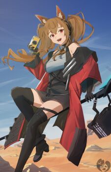 Rule 34 | 1girl, absurdres, angelina (arknights), animal ear fluff, animal ears, arknights, arknights: endfield, bag, bare shoulders, black bag, black boots, black gloves, black thighhighs, blue sky, boots, bracelet, breasts, brown hair, camera, coat, commentary, commentary request, day, desert, dot nose, dress, elbow gloves, english commentary, floating, floating hair, fold-over boots, foot out of frame, fox ears, fox girl, from below, gilberta (arknights), gloves, grey dress, headpiece, high collar, highres, holding, holding camera, holding staff, impossible clothes, infection monitor (arknights), jewelry, long hair, long sleeves, looking at viewer, medium breasts, mei (meihkov), messenger bag, off shoulder, outdoors, red coat, red eyes, short dress, shoulder bag, sky, solo, staff, staff riding, teeth, thighhighs, twintails, upper teeth only, wide sleeves, zettai ryouiki