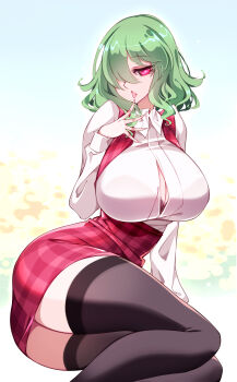 1girl absurdres ass black_bra black_thighhighs blush bra bra_visible_through_clothes breasts button_gap collared_shirt commentary_request feet_out_of_frame fingernails green_hair hair_over_one_eye highres kazami_yuuka lace lace_bra large_breasts long_sleeves looking_at_viewer lying on_side open_clothes open_mouth open_vest pencil_skirt plaid_clothes plaid_skirt plaid_vest raptor7 red_eyes red_skirt red_vest shirt short_hair skirt skirt_set smile solo thighhighs tongue tongue_out touhou underwear vest white_background white_shirt zettai_ryouiki