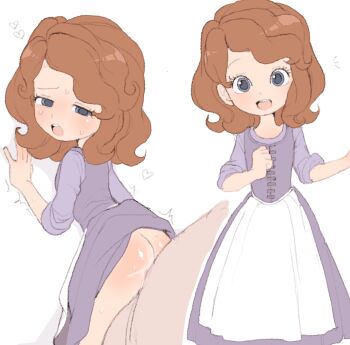 1boy 1girl against_wall ass blush brown_hair cherry_lumb clothes_lift disney dress dress_lift flat_chest heart highres loli looking_at_viewer medium_hair moaning sex smile sofia_balthazar sofia_the_first standing sweat thighs