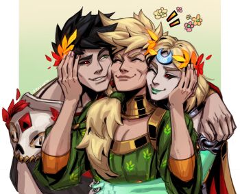 1boy 2girls ^_^ ancient_greek_clothes black_hair black_sclera blonde_hair boy_and_girl_sandwich closed_eyes colored_sclera commentary crescent_moon english_commentary family flower_symbol gorget grace_kim_(ryuuna) greco-roman_clothes green_eyes green_lips hades_(series) hades_1 hades_2 hair_over_shoulder hand_on_another&#039;s_cheek hand_on_another&#039;s_face heterochromia highres laurel_crown melinoe_(hades) mismatched_sclera moon multiple_girls persephone_(hades) red_eyes sandwiched skull smile upper_body zagreus_(hades)