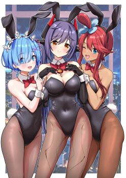 absurdres android animal_ear_hairband animal_ears bare_shoulders black_leotard blue_eyes blue_hair blush border bow bowtie breasts building cheenosuke city city_lights cityscape cleavage cloud commentary_request commission core_crystal_(xenoblade) covered_navel crossover detached_collar detached_sleeves elbow_gloves fake_animal_ears fake_tail gloves gluteal_fold hair_ornament hair_over_one_eye hair_ribbon hairband highleg highleg_leotard highres joints large_breasts leotard long_hair looking_at_viewer maid_headdress medium_breasts nintendo one_side_up open_mouth outside_border pantyhose pink_ribbon playboy_bunny pokemon pokemon_bw poppi_(xenoblade) poppi_qtpi_(xenoblade) purple_hair rabbit_ear_hairband rabbit_ears rabbit_tail re:zero_kara_hajimeru_isekai_seikatsu red_hair rem_(re:zero) ribbon robot_ears robot_joints short_hair short_hair_with_long_locks sidelocks skeb_commission skyla_(pokemon) smile star_(sky) strapless strapless_leotard tail very_long_hair white_border white_wrist_cuffs window wrist_cuffs x_hair_ornament xenoblade_chronicles_(series) xenoblade_chronicles_2 yellow_eyes