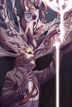 Rule 34 | blazer, body horror, brown hair, cable, collared shirt, commentary, disco ball, disco elysium, drugs, english commentary, eyeball, facial hair, green jacket, hand up, hands up, harry du bois, jacket, melting, mutton chops, necktie, no eyes, pill bottle, red necktie, shirt, short hair, skull, surreal, wenny02, white shirt, wire