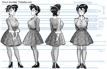 1girl andymax character_name english_text floral_print floral_print_skirt high_heels highres multiple_views original print_skirt reference_sheet retro_artstyle shirt short_hair skirt turnaround viola_delaine_(andymax)