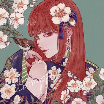 1girl aqua_background bird bird_on_hand blunt_bangs brown_bird closed_mouth commission detached_sleeves earrings floral_print flower from_behind hair_flower hair_ornament hand_up highres hime_cut jewelry kagoya1219 long_hair long_sleeves looking_at_viewer looking_back original red_eyes red_hair sample_watermark shoulder_tattoo simple_background solo sparrow straight_hair tassel tassel_earrings tattoo upper_body watermark white_flower